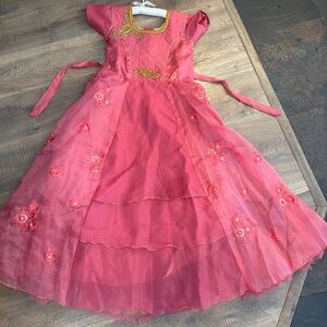 PINK GOLD formal dress GOWN Arabian CAP Sleeves CHIFFON Ruffles Floral Sequin S